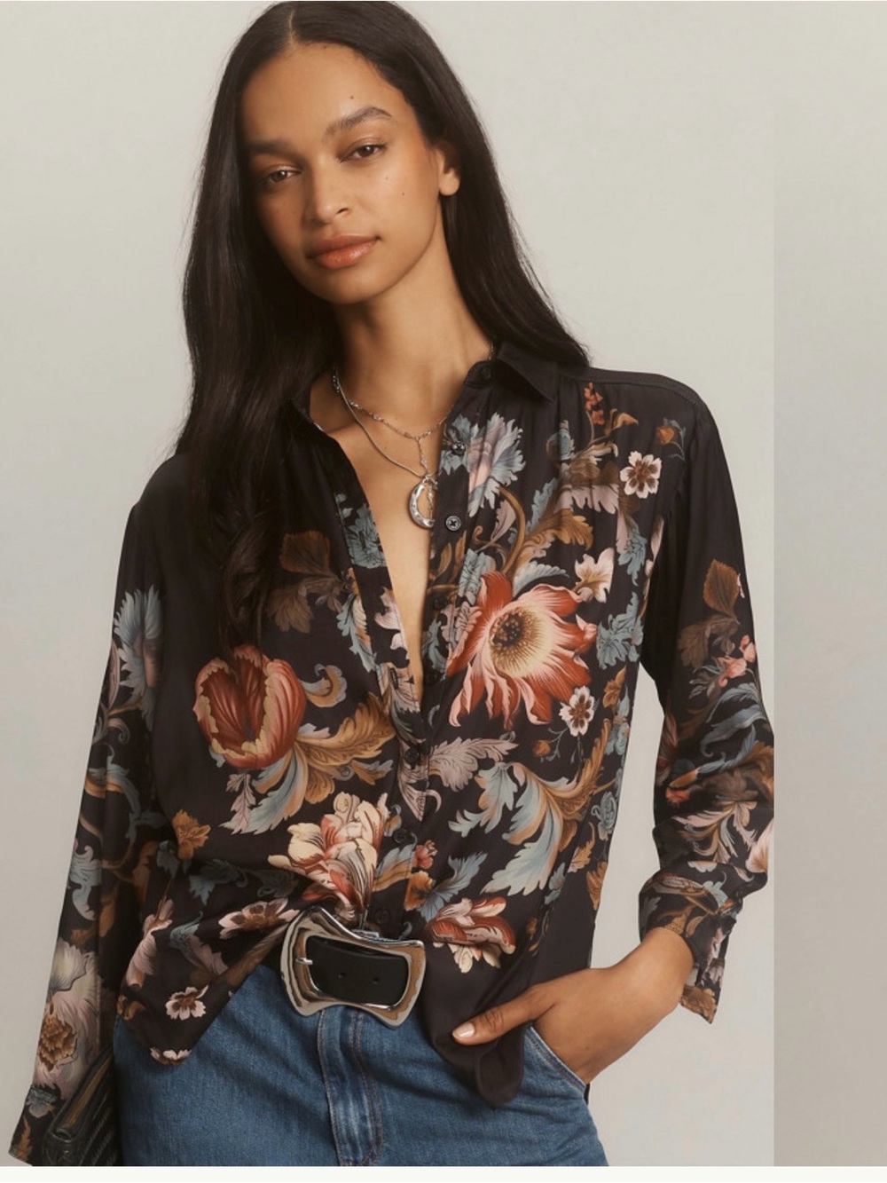 Anthropologie Relaxed Long-Sleeve Floral Shirt button down size M